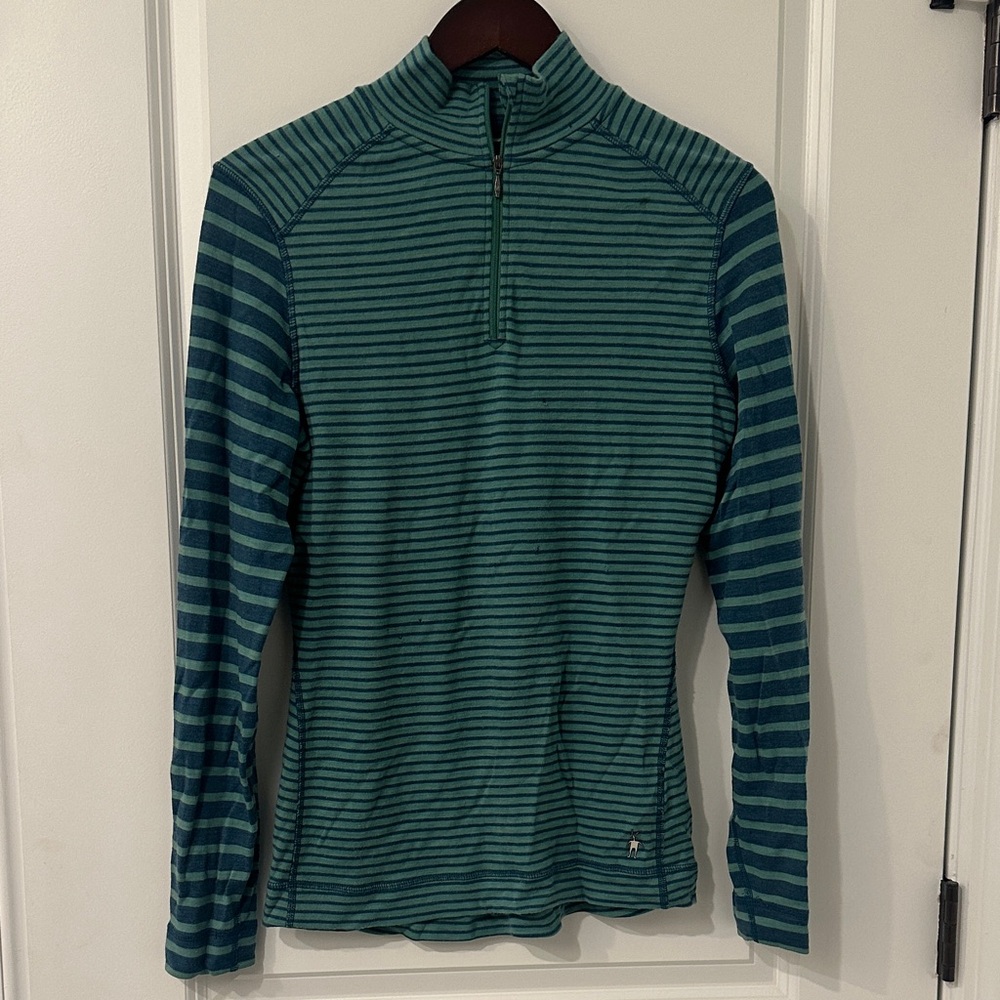 Smartwool Blue and Green Striped Quarter-Zip Merino Wool base layer